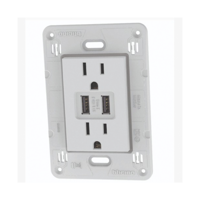 Contacto Duplex 2p+t Y 2 Cargadores Usb A+a 3.1a 125v Blanco Quinziño Go Bticino