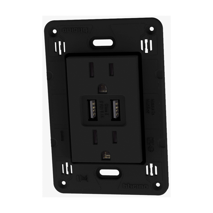 Contacto Duplex 2p+t Y 2 Cargadores Usb A+a 3.1a 125v Negro Mate Quinziño Go Bticino