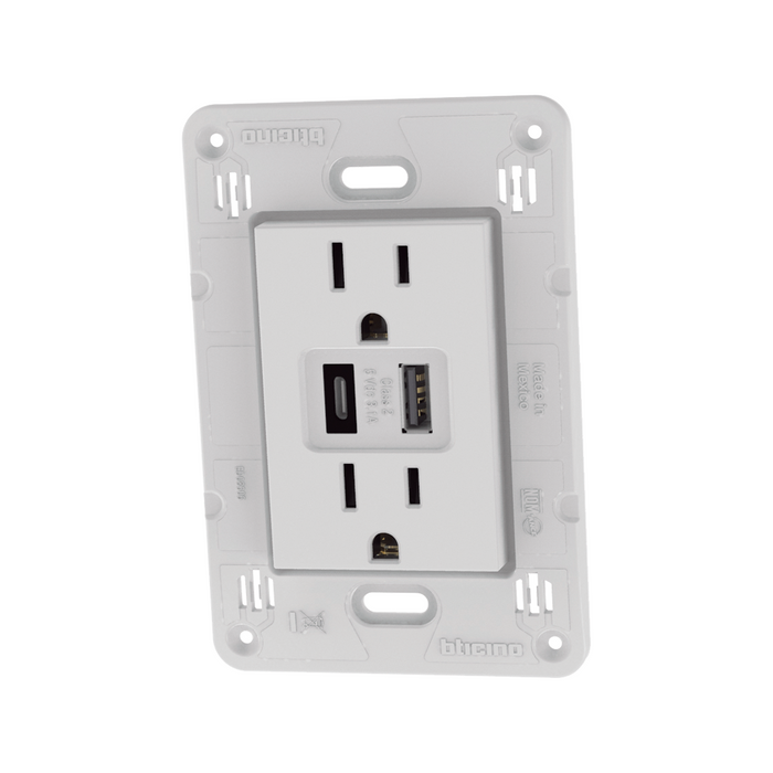 Contacto Duplex 2p+t Y 2 Cargadores Usb A+c 3.1a 125v Blanco Quinziño Go Bticino